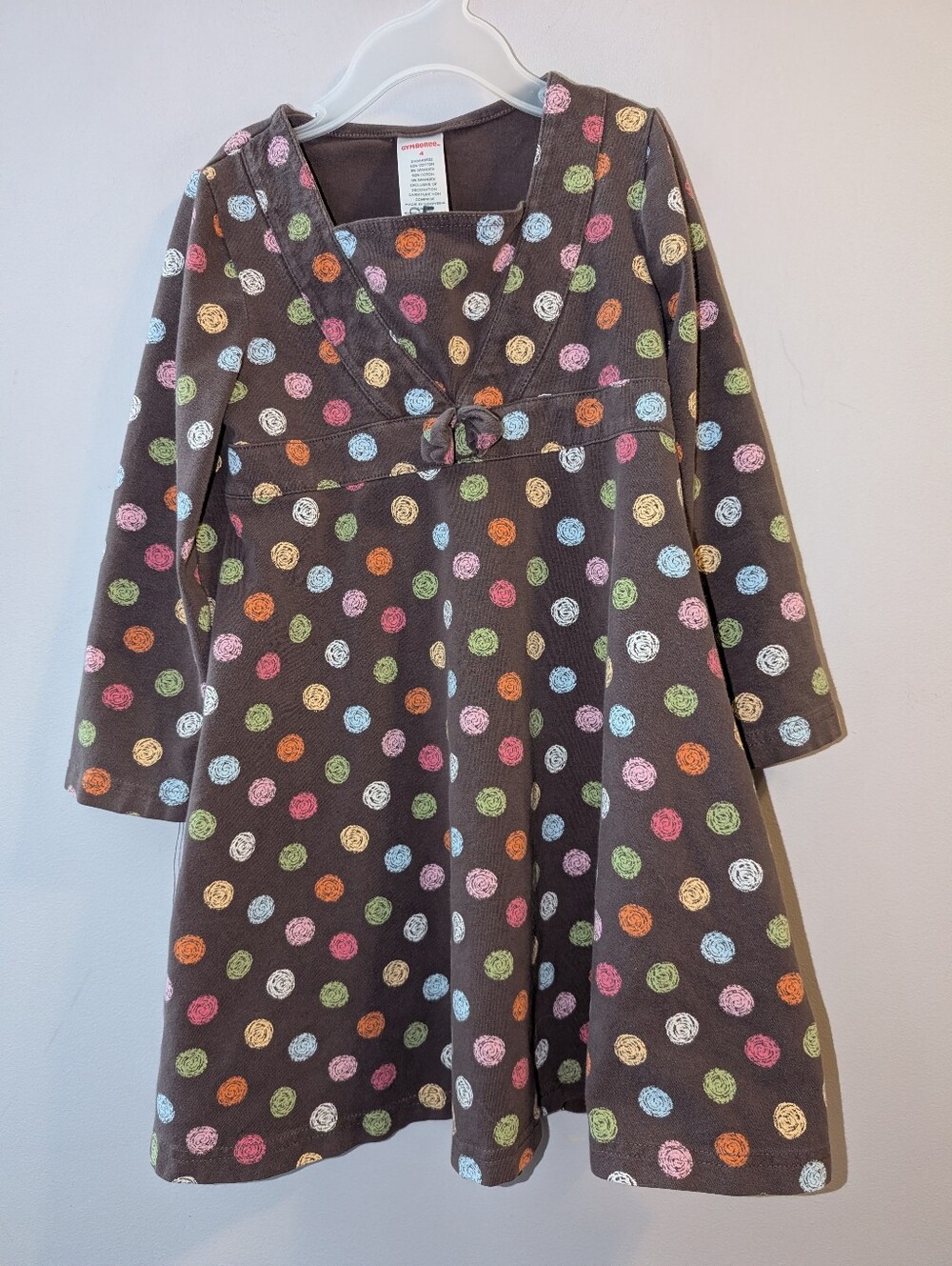 🎀 Gymboree Lots Of Dots Brown Polka Dot Long-Sleeved Bow Dress Girls Size 4